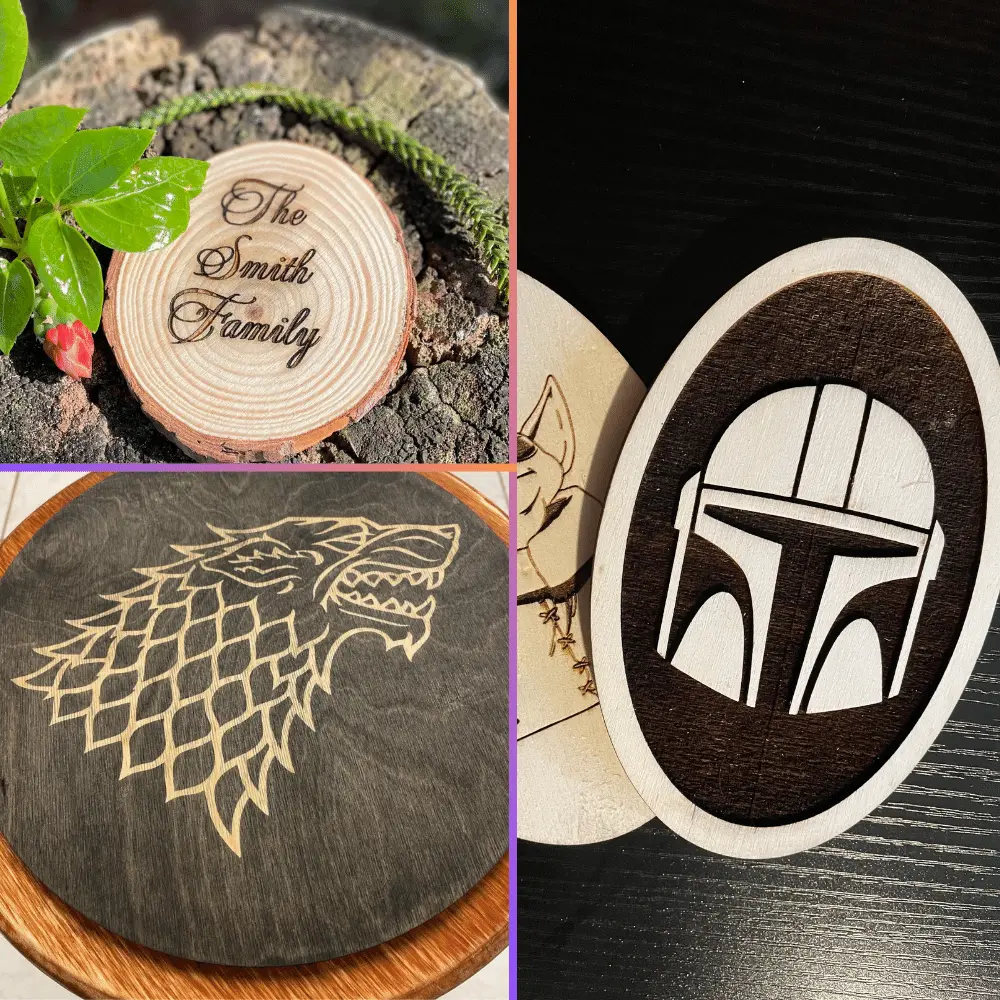 3 different photos of personalized wood engraved gifts.