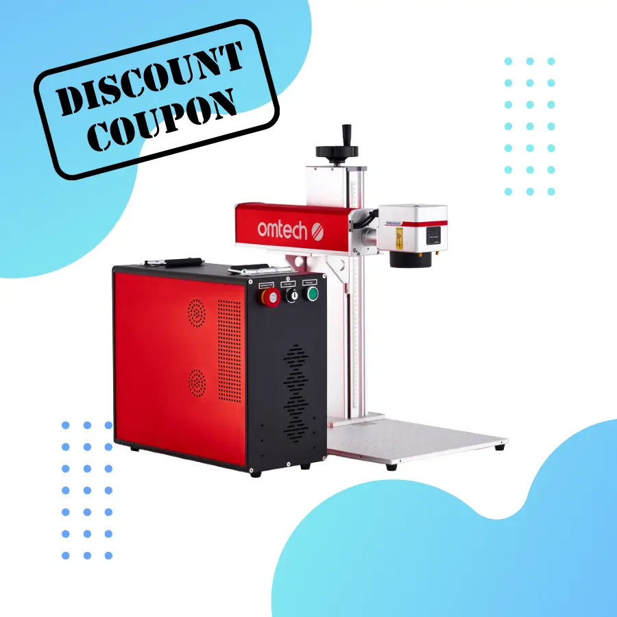 Photo of an omtech fiber laser with the words "discount code" letting users know they can receive an omtech discount code.