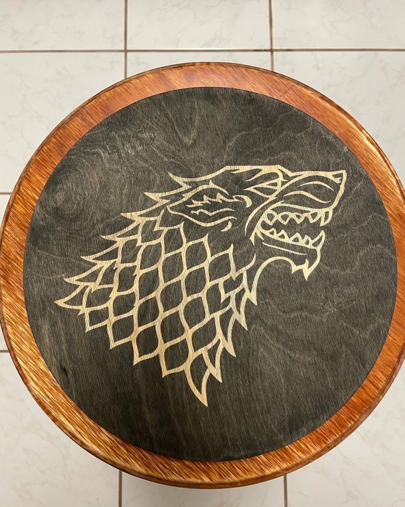 Game of thrones house stark wolf logo created with laser engraving.