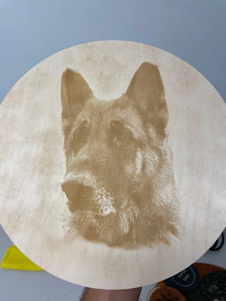 Image of dog created by laser engraving.